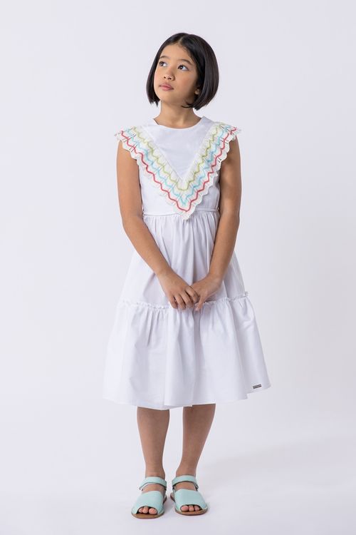 Vestido infantil em tricoline com detalhe de tricô