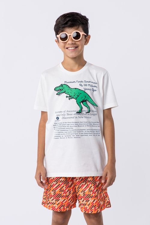 Camiseta infantil masculina em malha 100% algodão com aplique de dinossauro