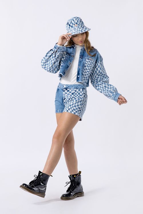 Jaqueta teen feminina denim 100% algodão com estampa quadriculada