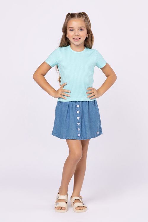 Camiseta básica em malha canelada para menina