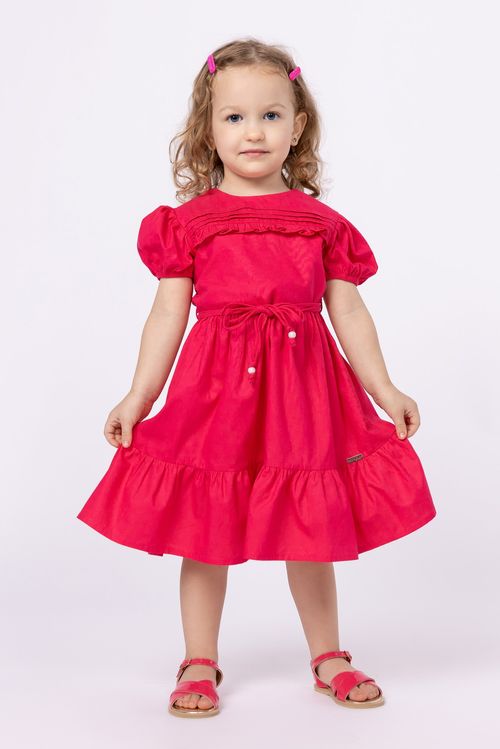 Vestido em tricoline com prega e babados para bebê menina