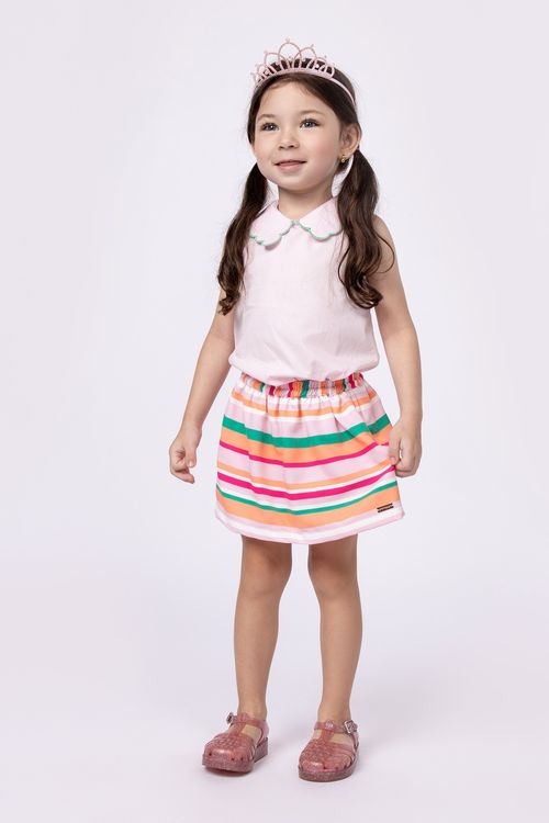 Conjunto blusa em tricoline e saia-short em tricoline estampado para bebê menina