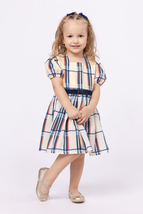 Vestido em tricoline xadrez para bebê menina