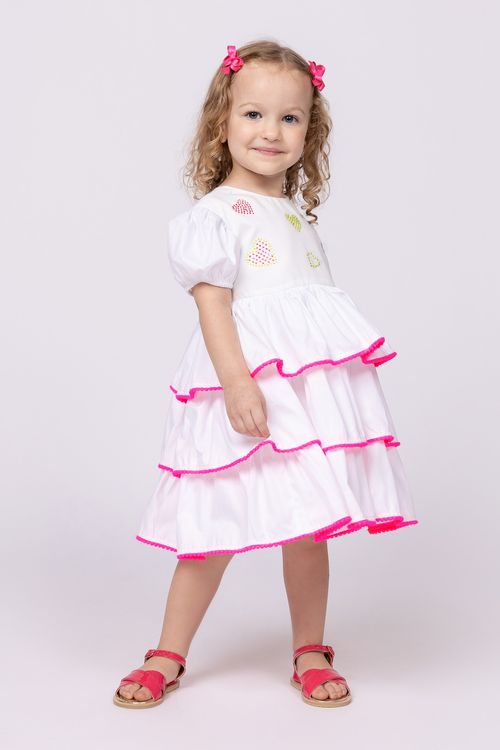 Vestido em tricoline com babados e corações em strass para bebê menina