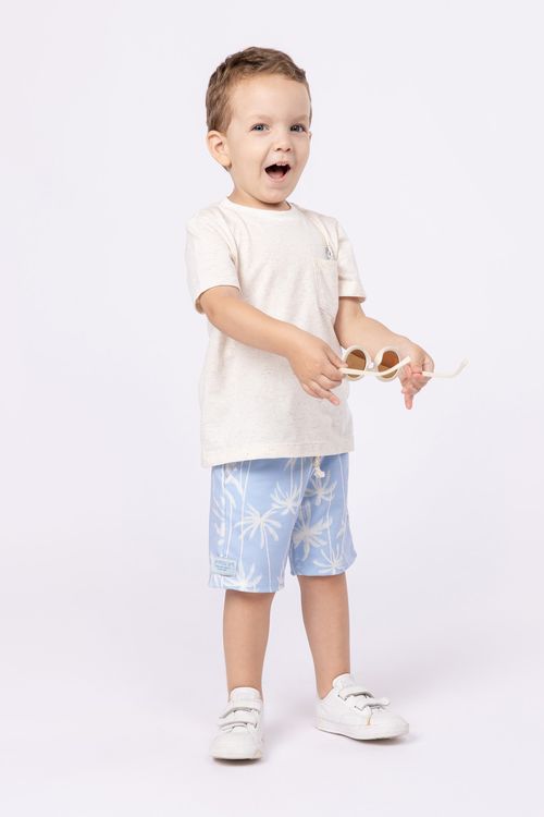 Conjunto camiseta de malha com linho e bermuda de moletom estampada para bebê menino