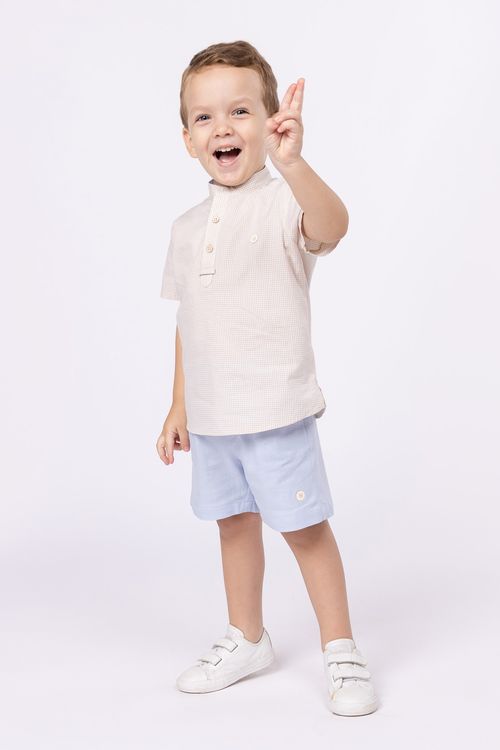 Conjunto bata vichy areia e bermuda de linho leve para bebê menino