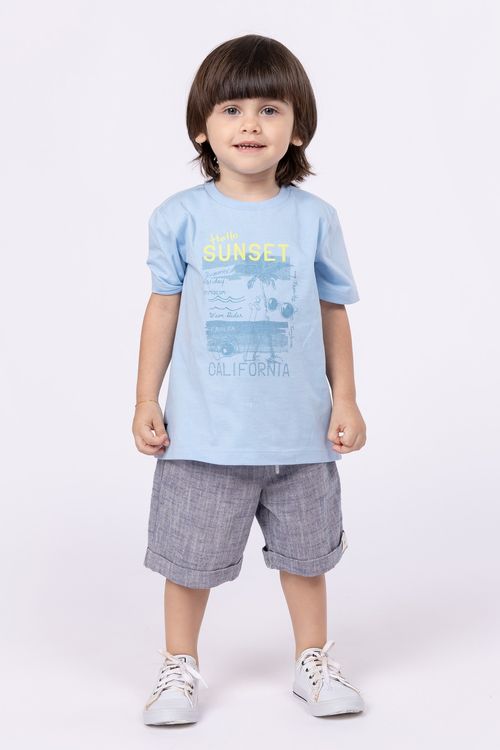 Conjunto camiseta de malha 100% algodão e bermuda de sarja ringada para bebê menino