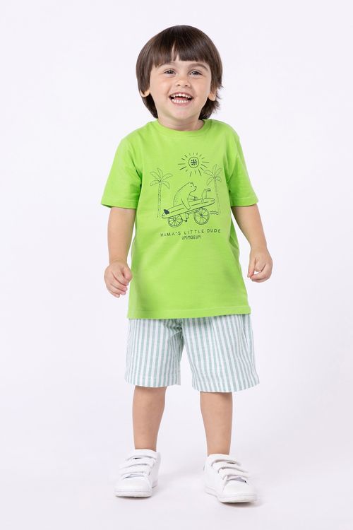 Conjunto camiseta de malha 100% algodão e bermuda de sarja listrada fio tinto para bebê menino