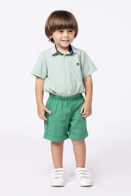 Conjunto camisa-body de tricoline listrada e bermuda de linho com elastano para bebê menino