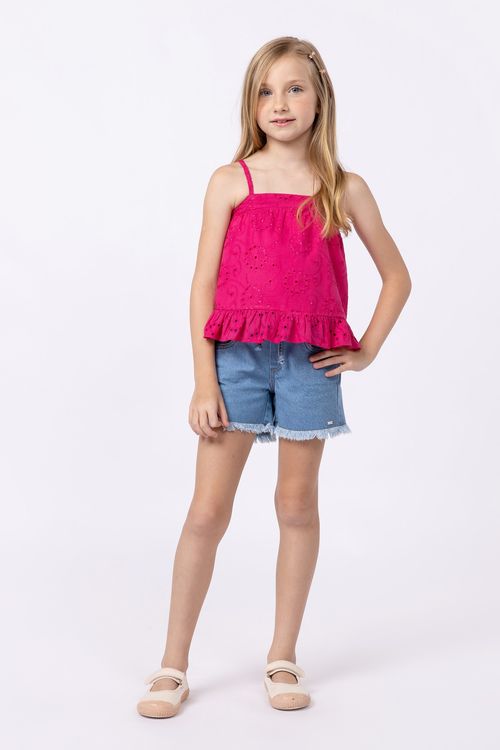 Blusa de alça de laise com babado na barra para menina