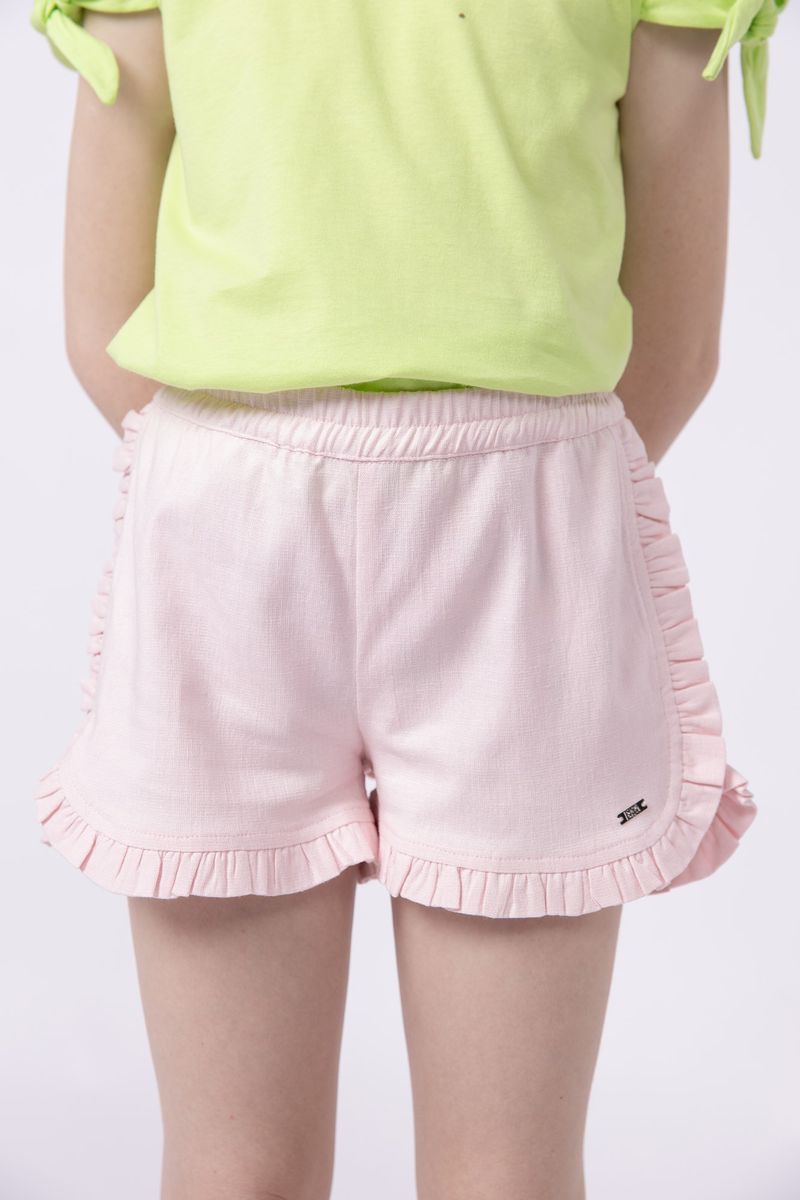 Short curto em linho com babado lateral para meninas - Um mais Um