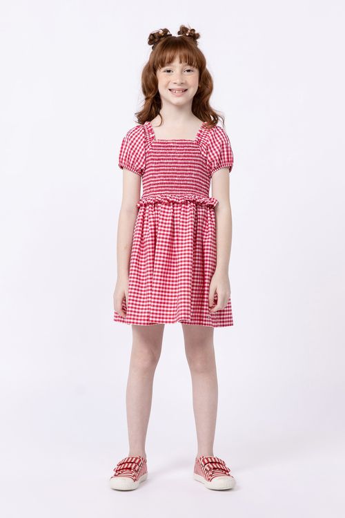 Vestido xadrez de manga curta com corpo lastex para meninas