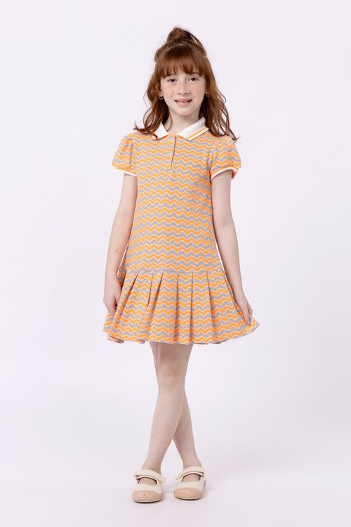 Vestido em malha jacquard com gola e punho em tricô para meninas
