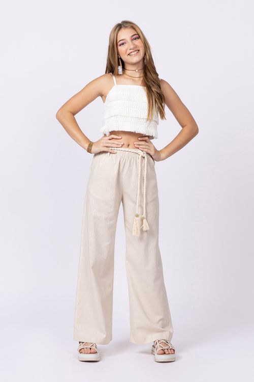 Blusa cropped teen para menina em tricoline com franjas