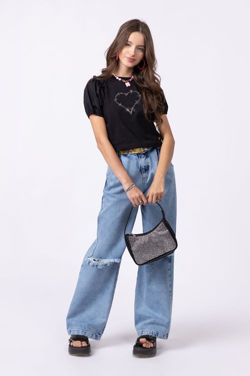 Calça wide leg teen para menina jeans 100% algodão