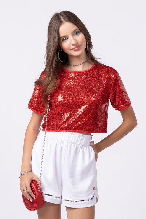 Camiseta cropped teen para menina em malha paetê
