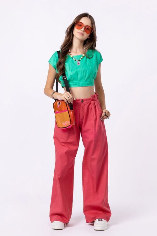 Calça wide leg teen para menina em sarja 100% algodão