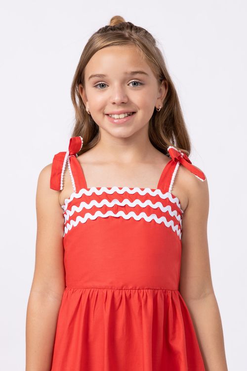 Vestido mídi em tricoline com detalhes de franja para menina