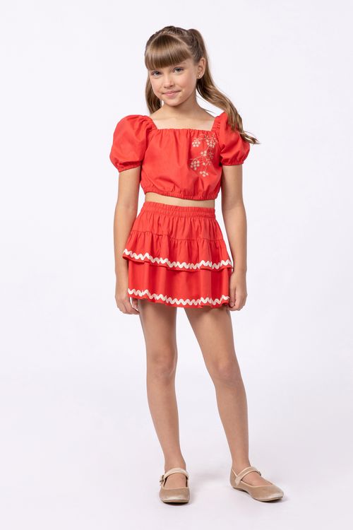 Conjunto top cropped e saia-short em tricoline com bordado para menina