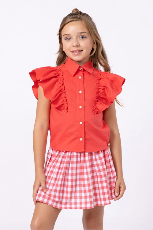 Conjunto camisa em tricoline e saia-short em cambraia xadrez para menina