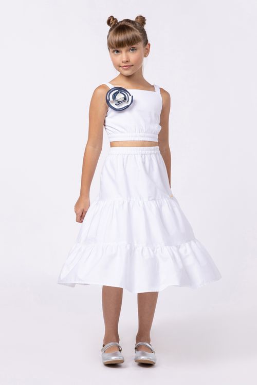 Conjunto top e saia mídi em tricoline com flores aplicadas para menina