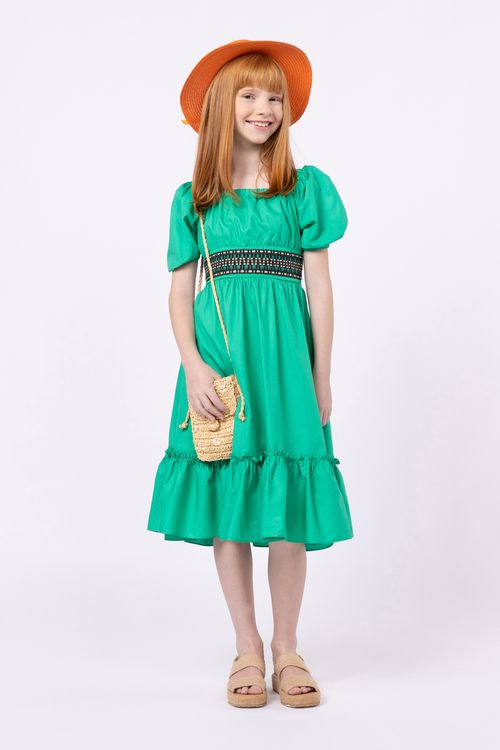 Vestido mídi em tricoline com manga puff para menina