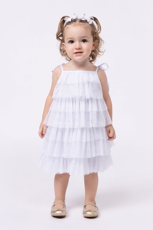 Vestido jumper de babados em tule com glitter para bebê para menina