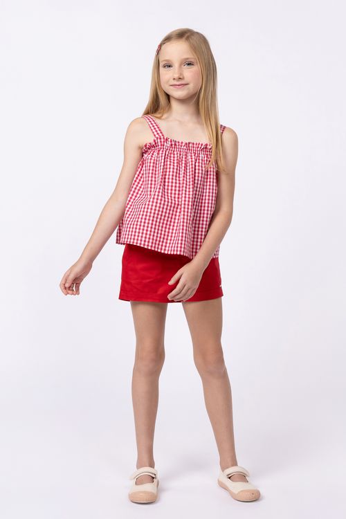 Conjunto de bata xadrez com pregas e short em tricoline para meninas
