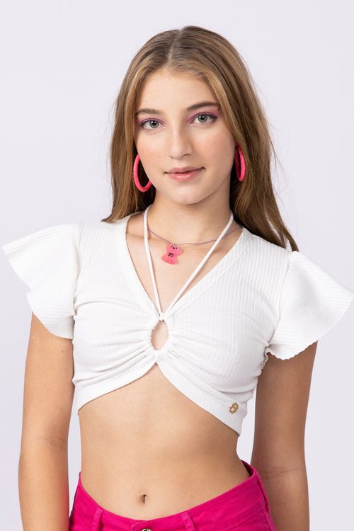 Blusa cropped teen em malha canelada e amaração colissê