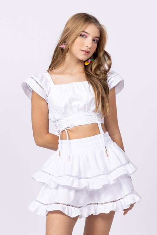 Blusa cropped teen para menina em tricoline 100% algodão com babados nas alças