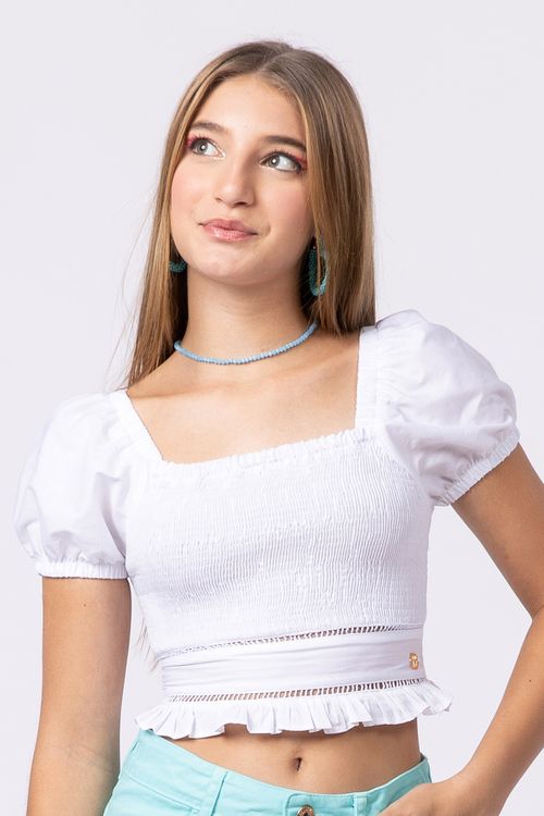 Blusa cropped teen para menina em tricoline de algodão