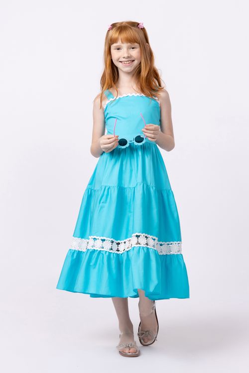 Vestido em tricoline bubble com entremeios para menina