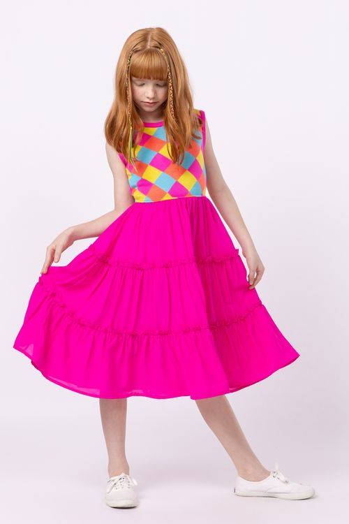 Vestido em crepe com tricôt neon para menina