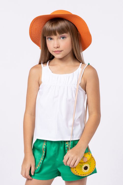 Conjunto blusa em tricoline e short em satin com bordado para menina