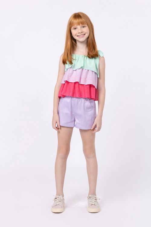 Conjunto bata em malha com short de satin com elastano para menina