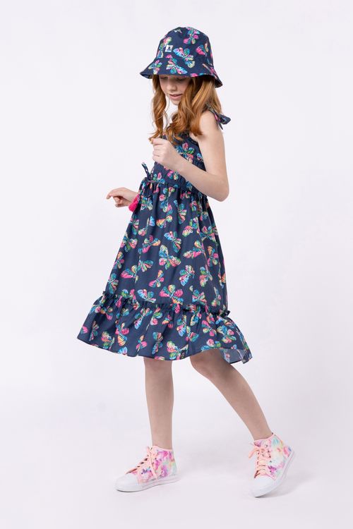Vestido mídi em tricoline estampada para menina