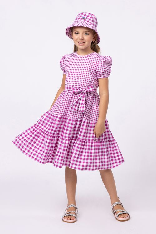 Vestido mídi em tricoline com composê de xadrez para menina