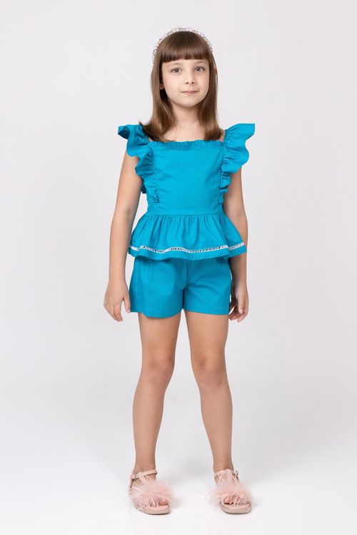 Conjunto blusa e short em tricoline com entremeios para menina