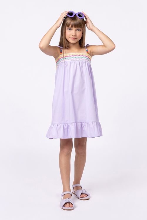 Vestido em tricoline com galão colorido para menina