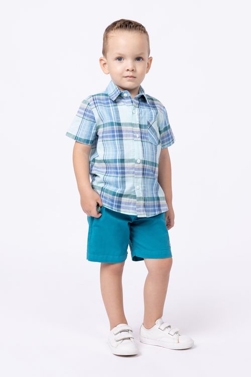 Conjunto camisa de tricoline xadrez e bermuda de sarja com elastano para bebê menino