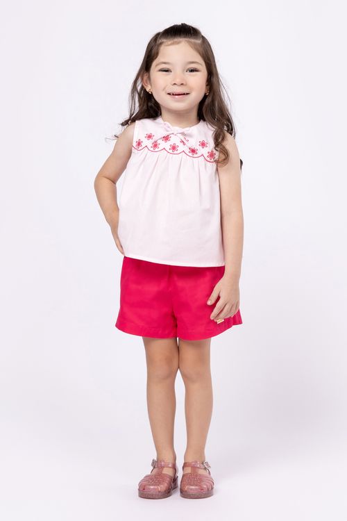 Conjunto bata e short em tricoline bordado para bebê menina