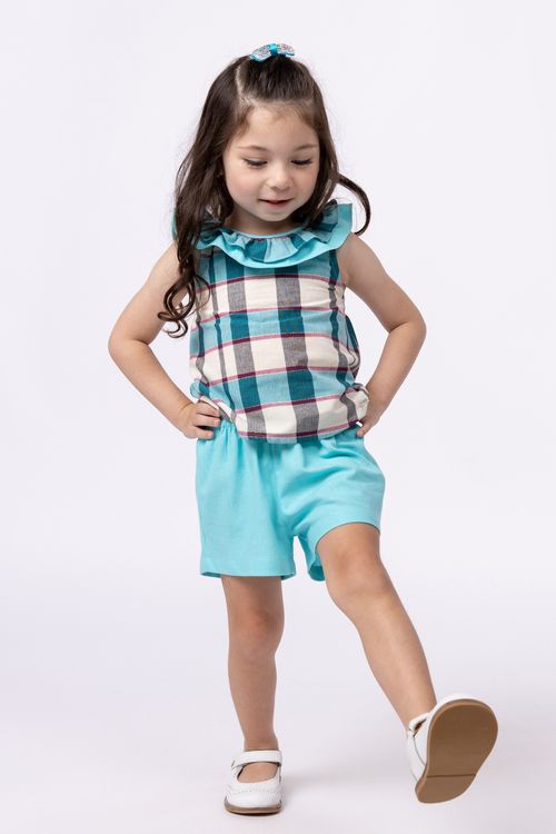 Conjunto blusa xadrez e short em linho para bebê para menina
