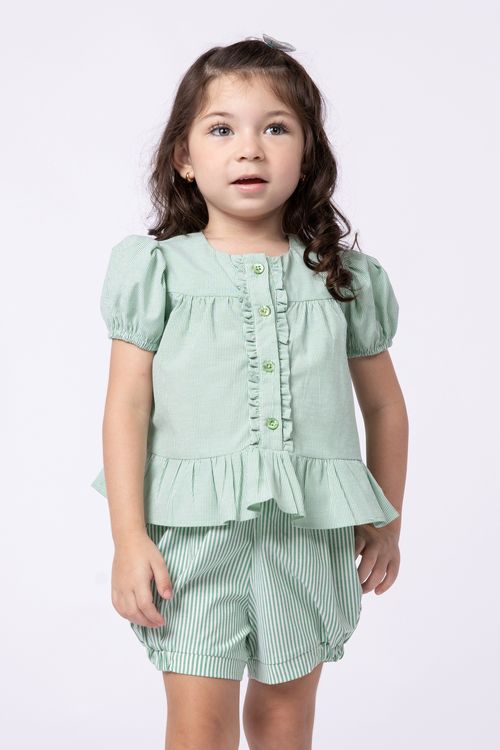 Conjunto bata e short em tricoline fio tinto mix de listras para bebê para menina