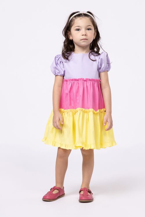 Vestido em tricoline tricolor para bebê para menina