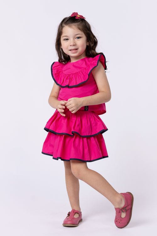 Conjunto blusa e saia short em tricoline e com vivos contrastantes para bebê para menina
