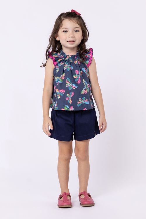 Conjunto bata em tricoline estampada e short em sarja acetinada para bebê para menina
