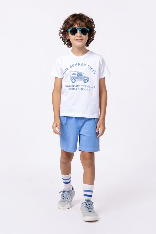 Conjunto camiseta de malha 100% algodão + bermuda de sarja com lycra para menino