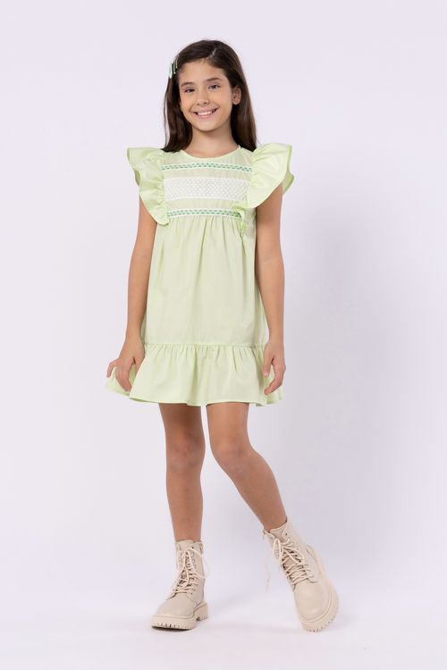 Vestido rodado infantil para meninas em tricoline com apliques em renda