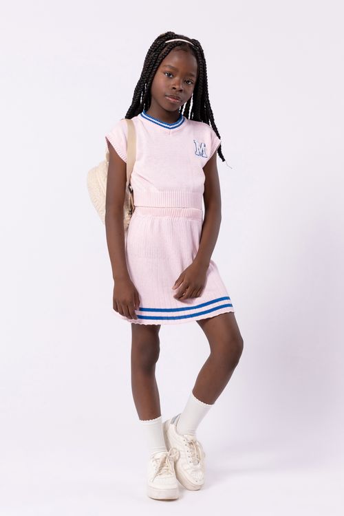 Conjunto infantil para meninas com colete e saia em tricô