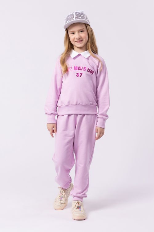 Conjunto infantil para menina em moletom com bordado em paetês - Cor Rosa